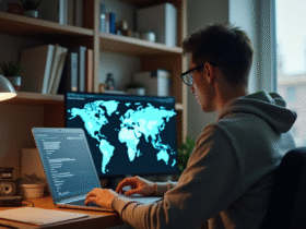 Jeune homme concentré sur un ordinateur avec carte du monde