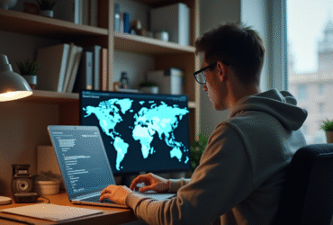 Jeune homme concentré sur un ordinateur avec carte du monde