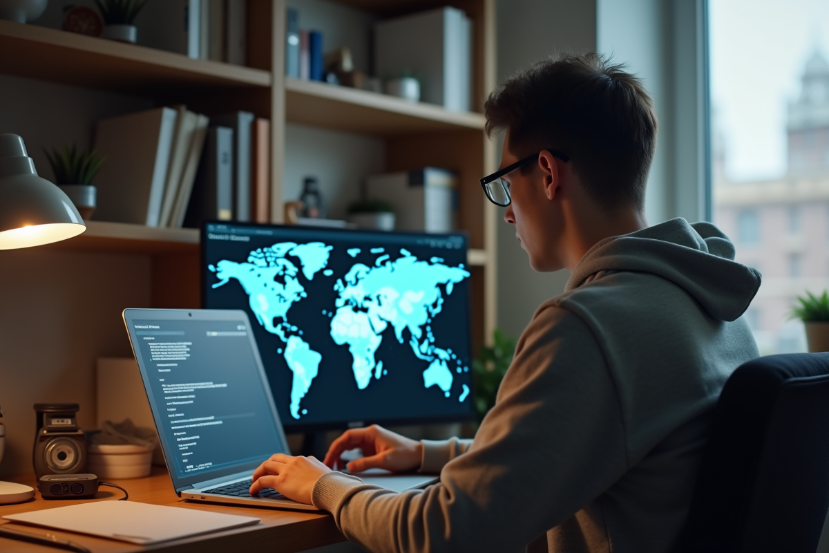 Jeune homme concentré sur un ordinateur avec carte du monde