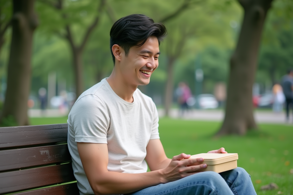 Jeune homme souriant avec lunchbox dans un parc urbain