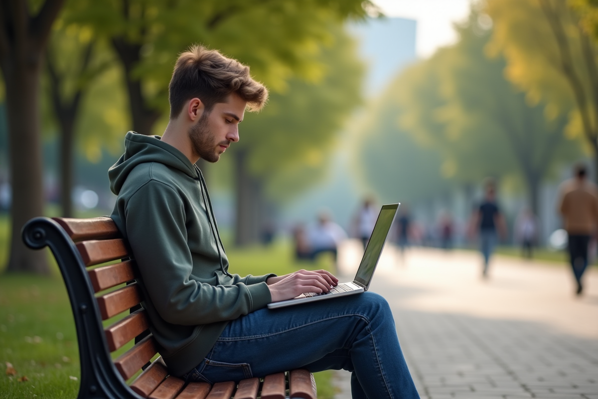 Jeune homme assis sur un banc de parc avec un ordinateur portable