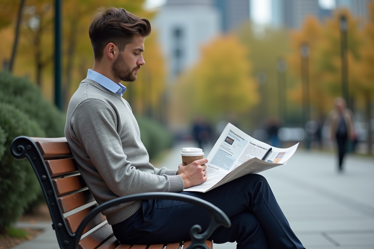Jeune homme avec journal et tablette dans un parc urbain