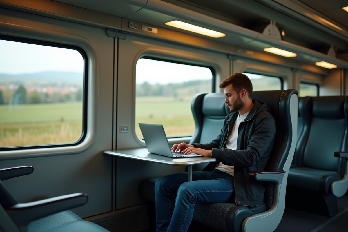 Jeune homme dans train regardant son ordinateur