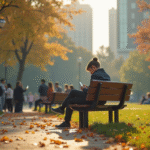 Jeune personne assise seule sur un banc dans un parc avec des gens utilisant smartphones et ordinateurs