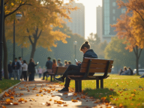 Jeune personne assise seule sur un banc dans un parc avec des gens utilisant smartphones et ordinateurs