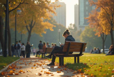 Jeune personne assise seule sur un banc dans un parc avec des gens utilisant smartphones et ordinateurs