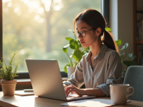 Jeune professionnel travaillant à domicile sur un bureau moderne