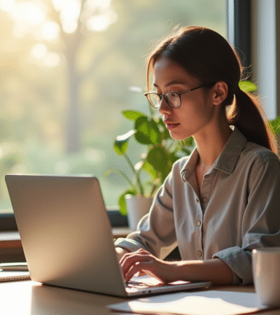 Jeune professionnel travaillant à domicile sur un bureau moderne