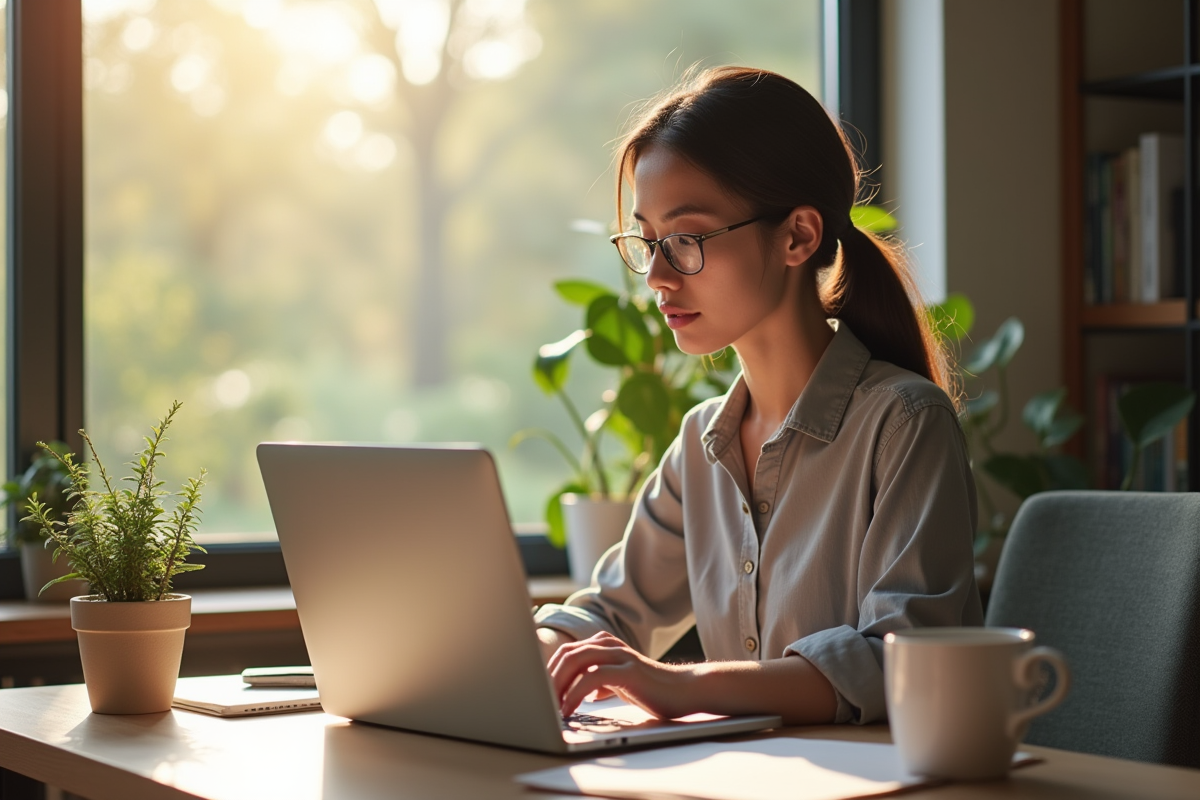 Jeune professionnel travaillant à domicile sur un bureau moderne