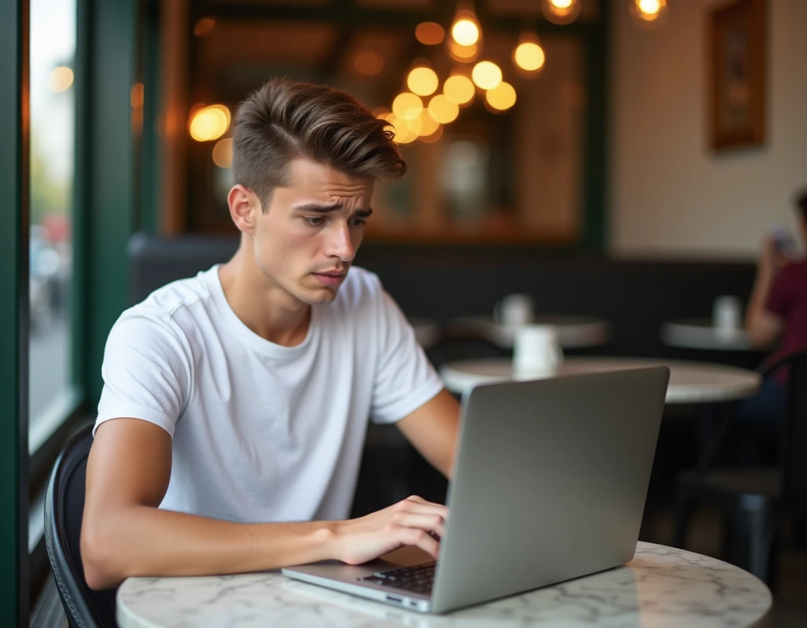 Jeune adulte hésitant devant son ordinateur portable dans un café parisien en train de rédiger un texte en français