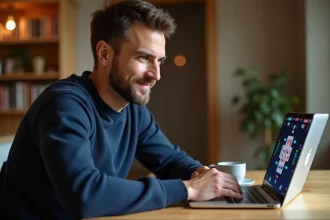 Homme jouant à la coinche en ligne sur un ordinateur portable dans une cuisine moderne