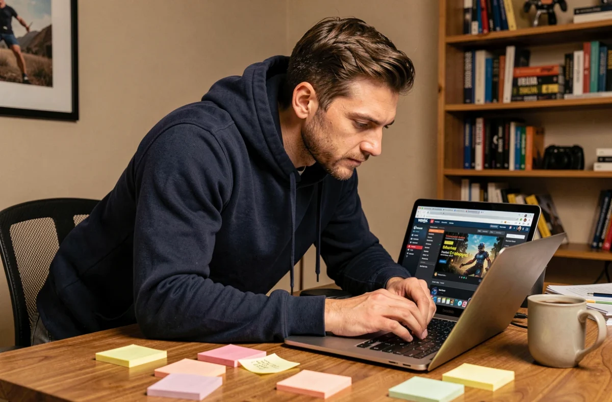 Joueur adulte cherchant des alternatives à un club de jeu mobile fermé sur son ordinateur portable dans un bureau à domicile