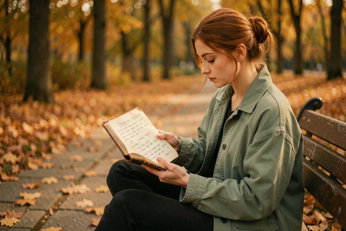 Jeune femme écrivant dans un journal sur les heures miroirs comme 11h22 dans un parc en automne, symbolisant la spiritualité et l'éveil intérieur