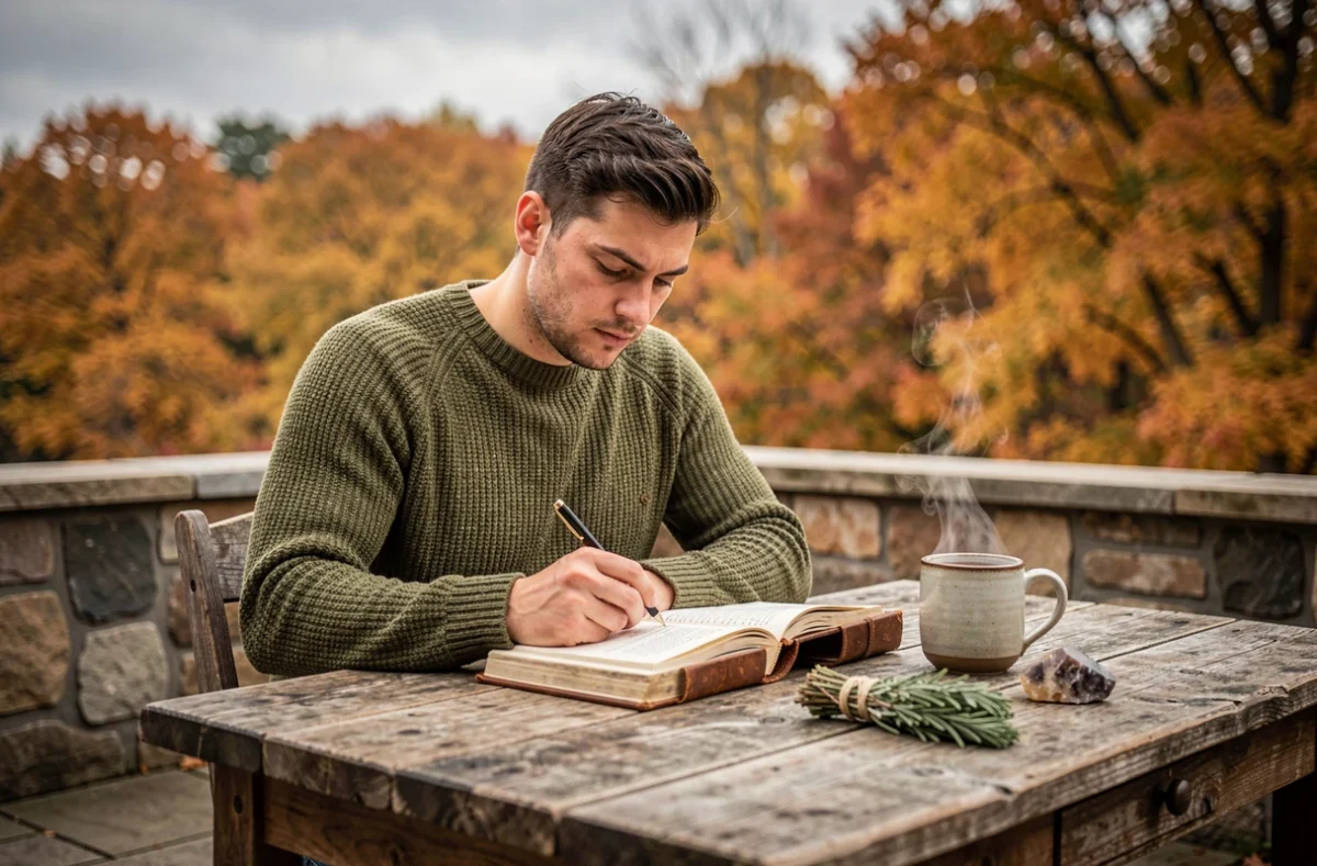 Homme écrivant dans un journal spirituel en plein air en automne, rituel pour apaiser le manque lors d'une séparation de flamme jumelle