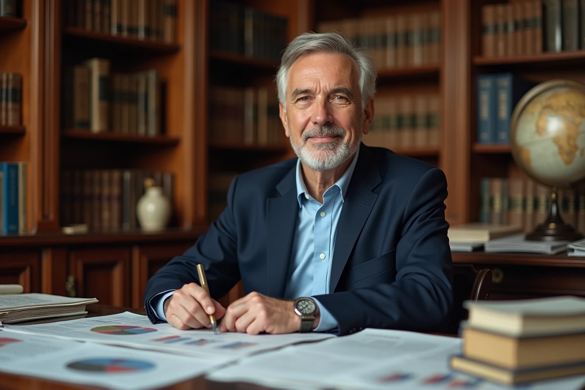 Journaliste économique senior assis à un bureau éditorial parisien entouré de journaux et de livres d'économie