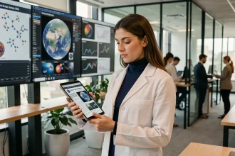 Journaliste scientifique dans une rédaction moderne consultant un article de vulgarisation sur une tablette numérique entourée d'écrans de données