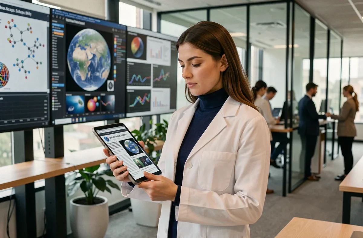 Journaliste scientifique dans une rédaction moderne consultant un article de vulgarisation sur une tablette numérique entourée d'écrans de données