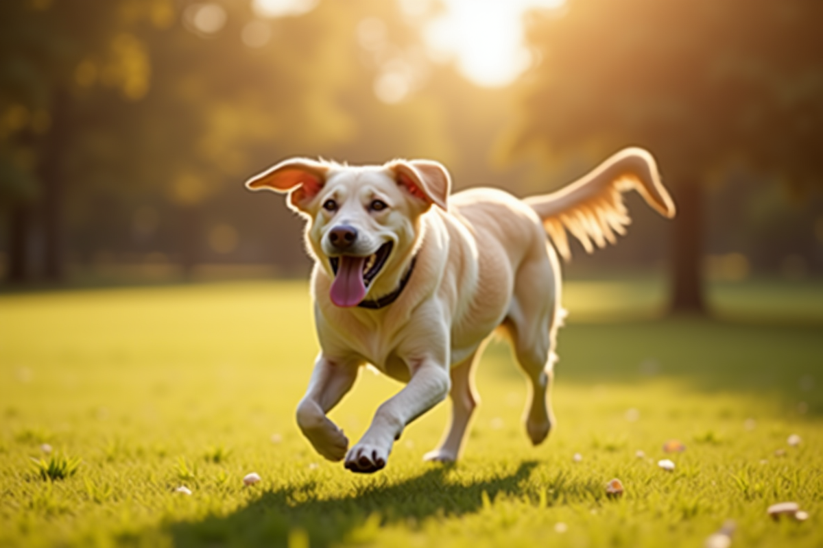 Labrador courant joyeusement dans un parc ensoleille