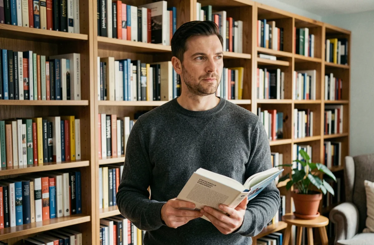 Lecteur admiratif devant une bibliothèque personnelle remplie de livres d'éditeurs indépendants dont ACALA