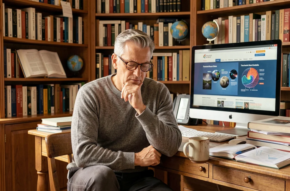 Homme passionné de sciences lisant un article de vulgarisation scientifique sur un écran d'ordinateur dans un bureau personnel rempli de livres