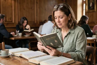 Lectrice passionnée découvrant un livre des éditions ACALA dans un café littéraire avec notes manuscrites