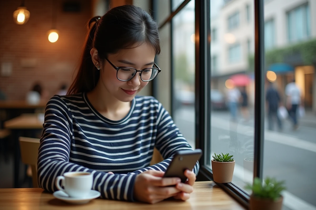 Jeune femme lisant un scan de manga One Piece sur mobile dans un café urbain avec tasse de café et fenêtre donnant sur la rue
