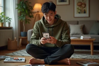 Jeune homme lisant le scan de One Piece chapitre 1155 sur son smartphone dans un salon cosy avec des volumes de manga éparpillés au sol
