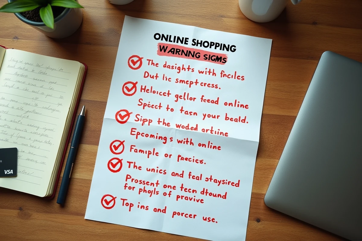 Vue aérienne d'une liste de signaux d'alerte pour détecter un site e-commerce frauduleux