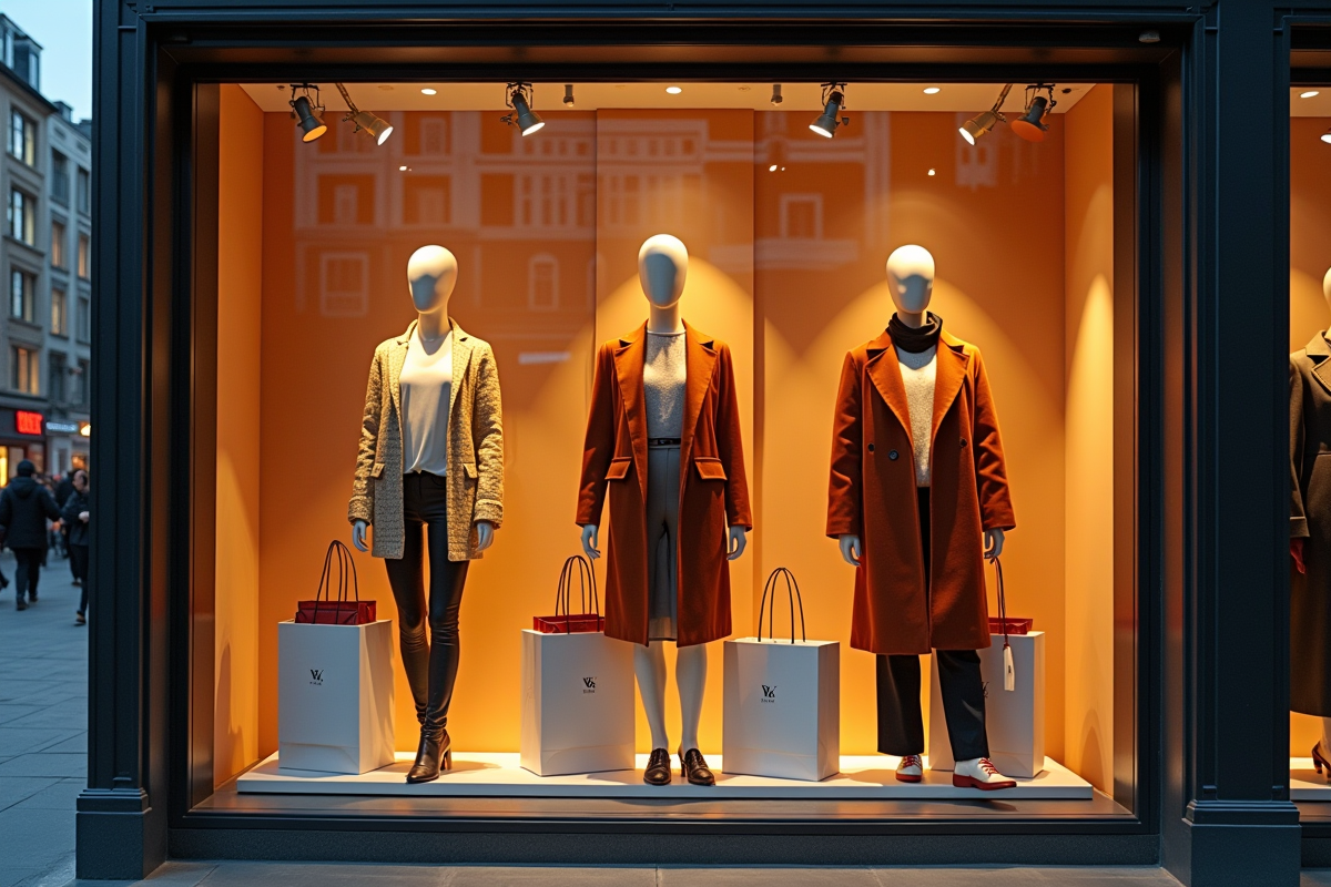 Vitrine de luxe avec mannequins et sacs de marques influentes