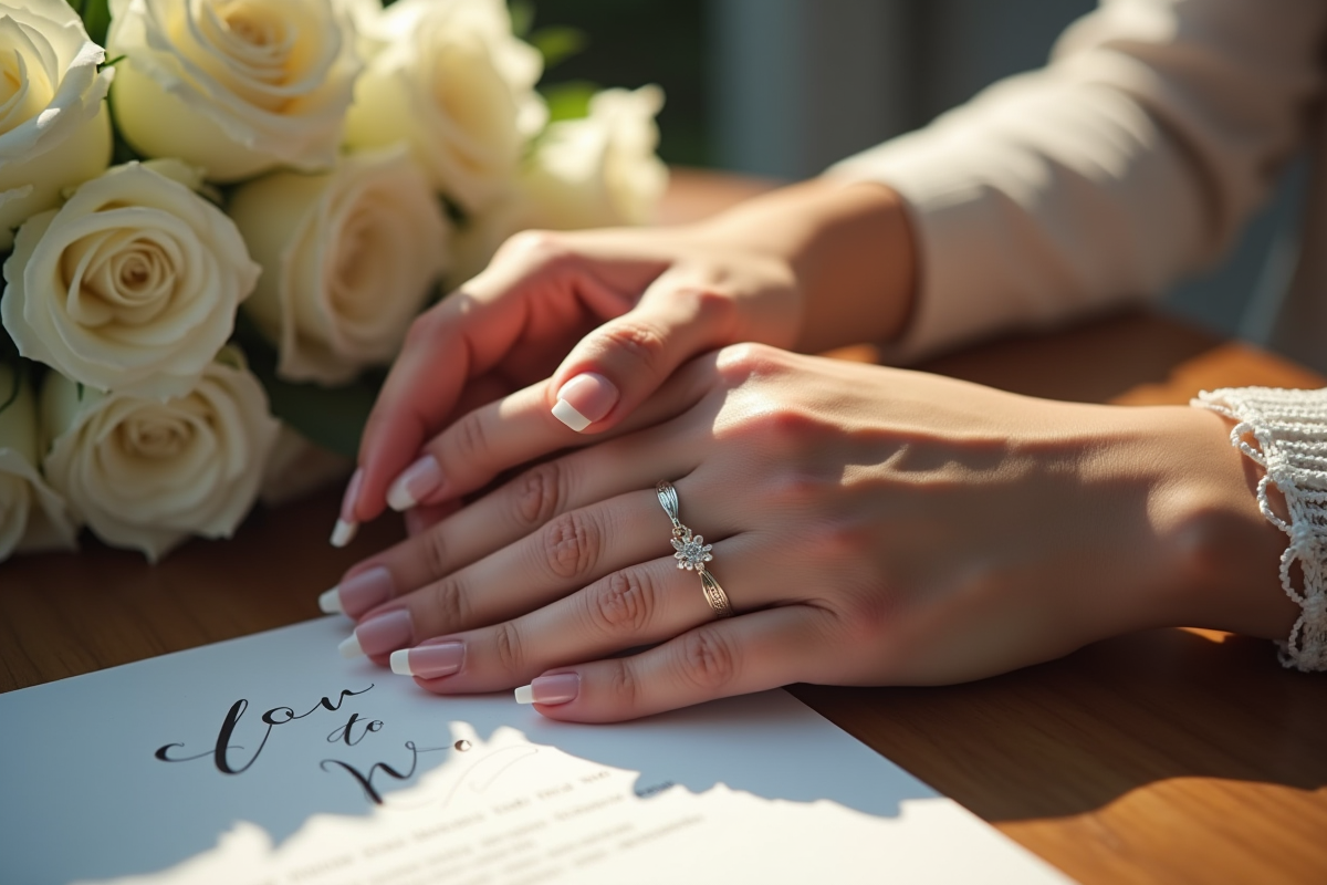 Mains entrelacees avec alliances et bouquet de roses blanches
