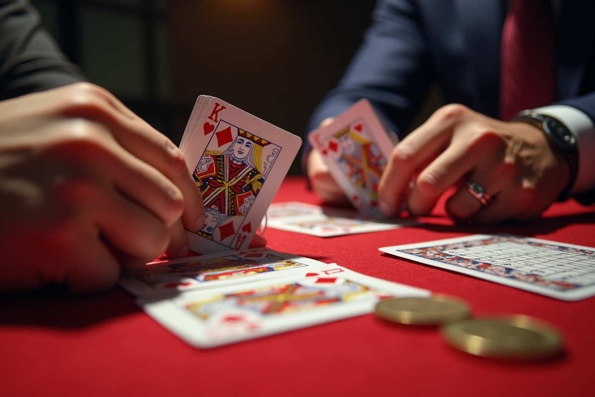 Mains tenant des cartes pour le jeu President avec jetons et feuilles
