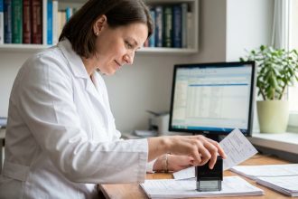 Tampon encreur médical utilisé sur un document de santé