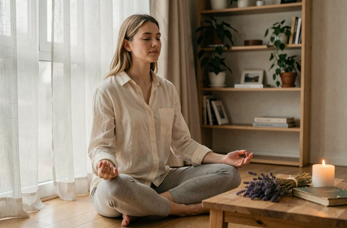 Femme en méditation solitaire sur un plancher en bois, pratique spirituelle pour surmonter la séparation des flammes jumelles