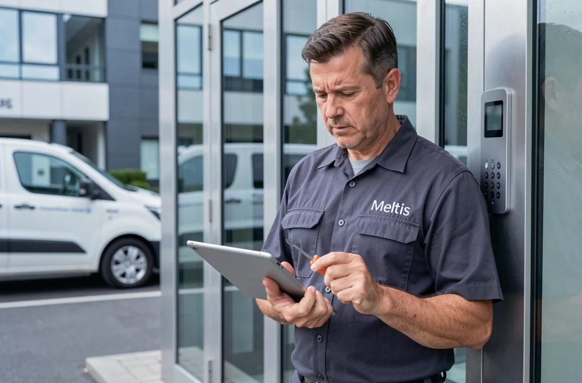 Technicien Meltis inspectant un panneau de contrôle d'accès sur un bâtiment commercial
