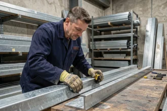 Ouvrier mesurant une cornière en acier galvanisé sur un établi d'atelier métallurgique industriel