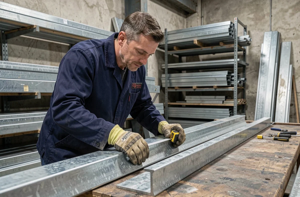 Ouvrier mesurant une cornière en acier galvanisé sur un établi d'atelier métallurgique industriel