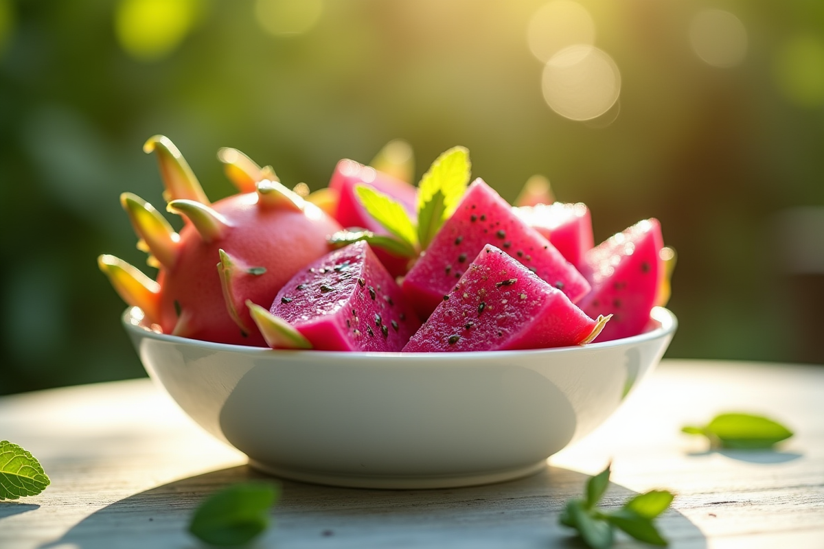 Morceaux de dragon fruit dans un bol avec feuilles de menthe