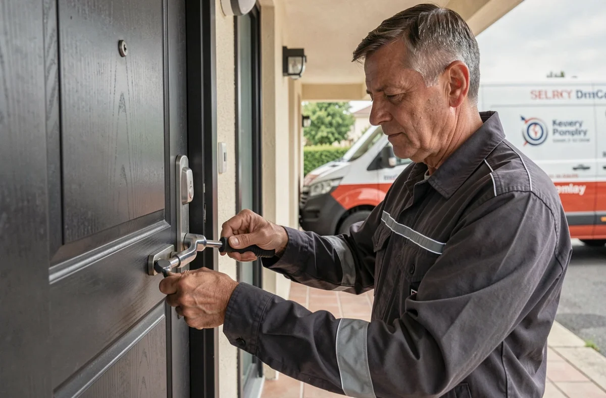 Technicien de Munch et Foucher installant une serrure haute sécurité sur une porte d'entrée