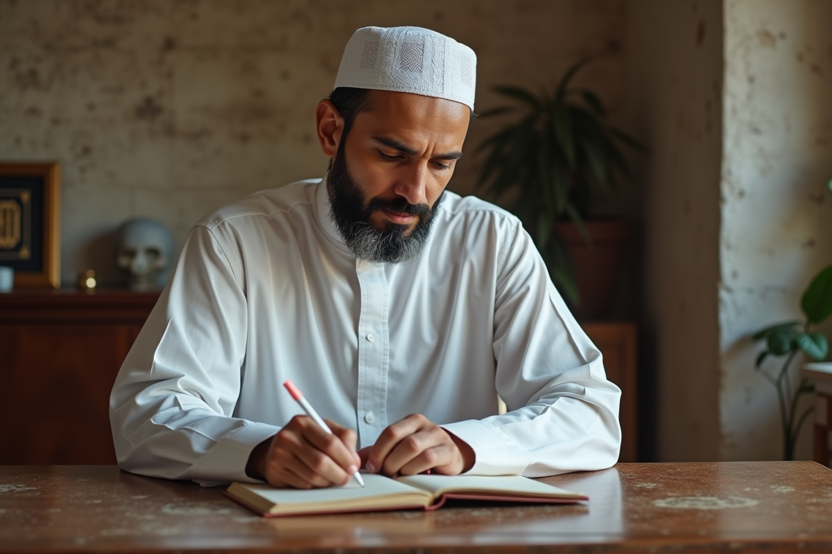 Musulman méditant avec Quran dans un intérieur paisible