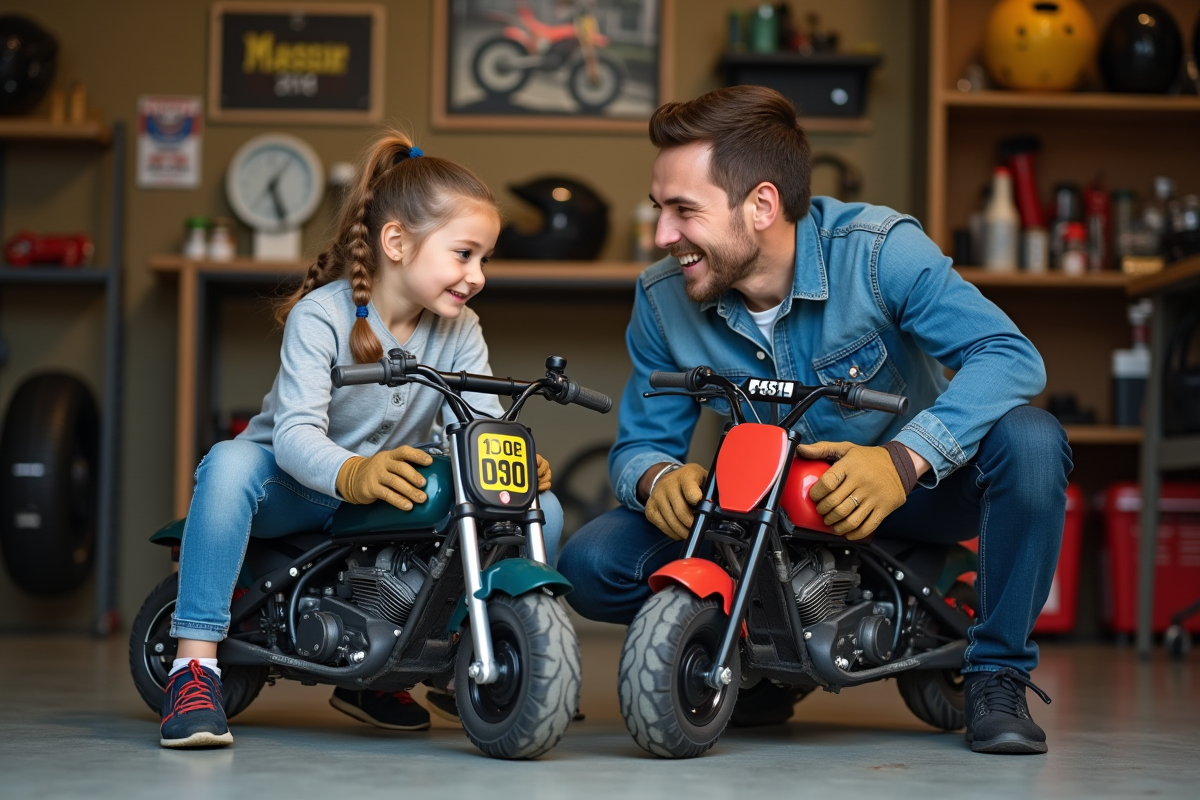 Père et fille examinant motos PeeWee 50 dans un garage