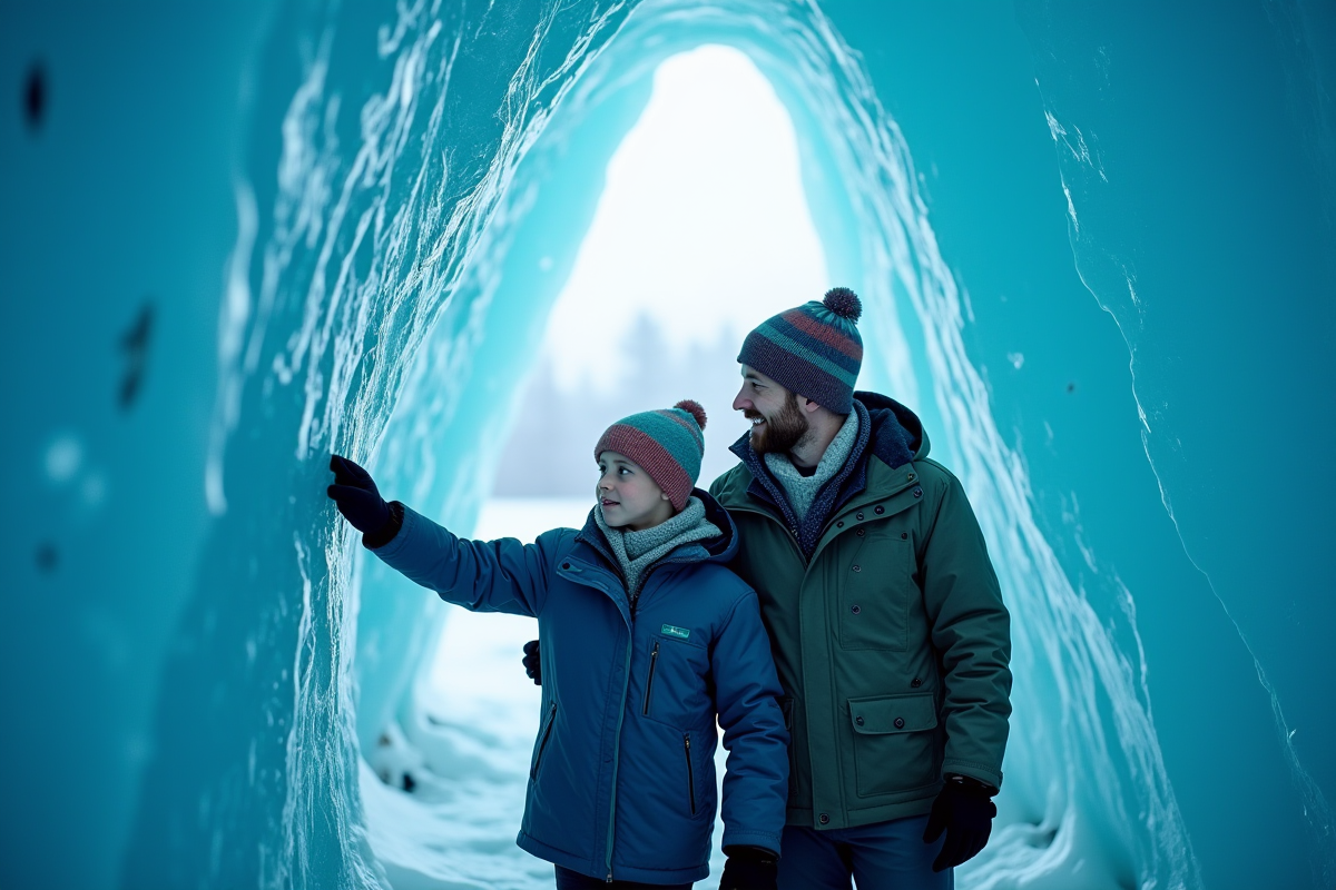 Pere et fils explorant une grotte de glace en Islande