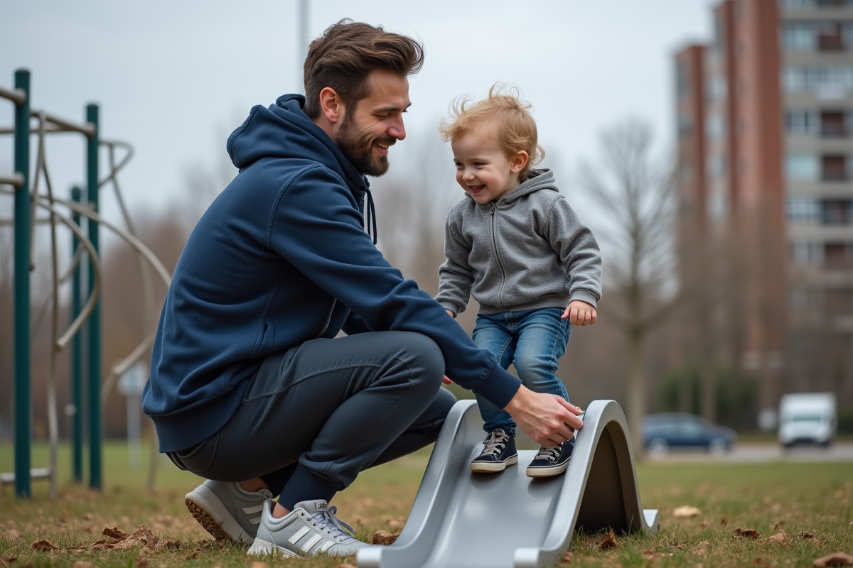 Père jouant avec son enfant au parc en plein air