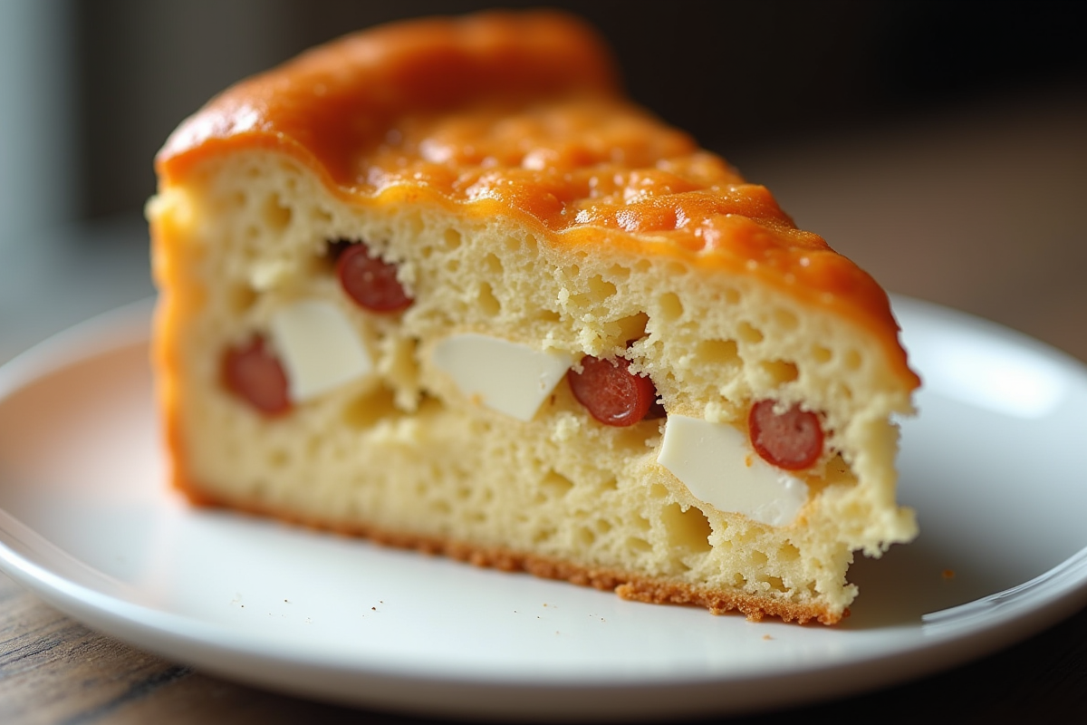 Tranche de gâteau avec chorizo et feta en gros plan