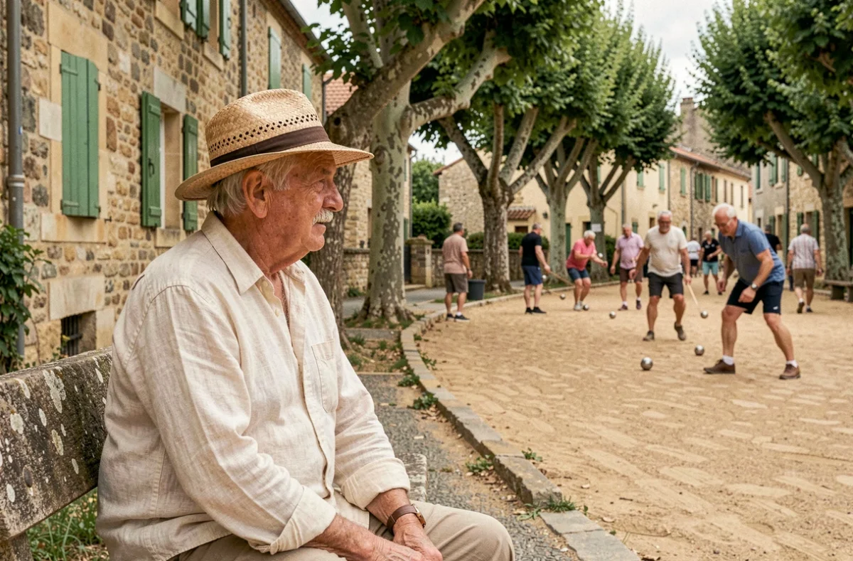 Homme âgé aveyronnais observant une partie de pétanque lors d'une fête traditionnelle de village en Aveyron