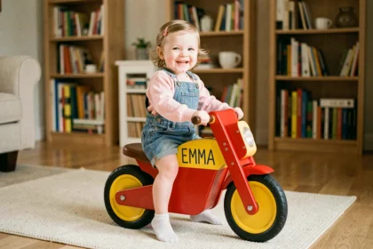Petite fille assise sur une moto jouet personnalisée avec son prénom EMMA peint en bleu marine, dans un salon chaleureux