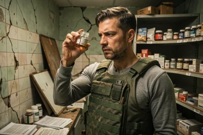 Pharmacien ARC Raiders inspectant un médicament dans une pharmacie post-apocalyptique