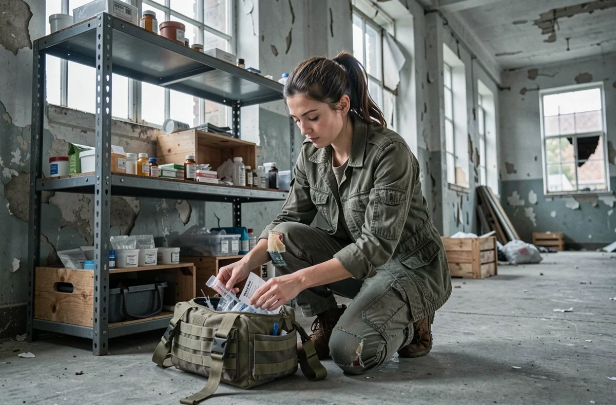 Survivante organisant des fournitures médicales dans un poste de pharmacie de fortune post-apocalyptique