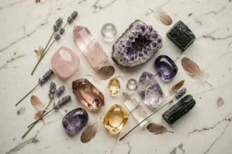 Collection de pierres naturelles pour l'amour, la protection et l'abondance disposées en flat lay sur marbre blanc