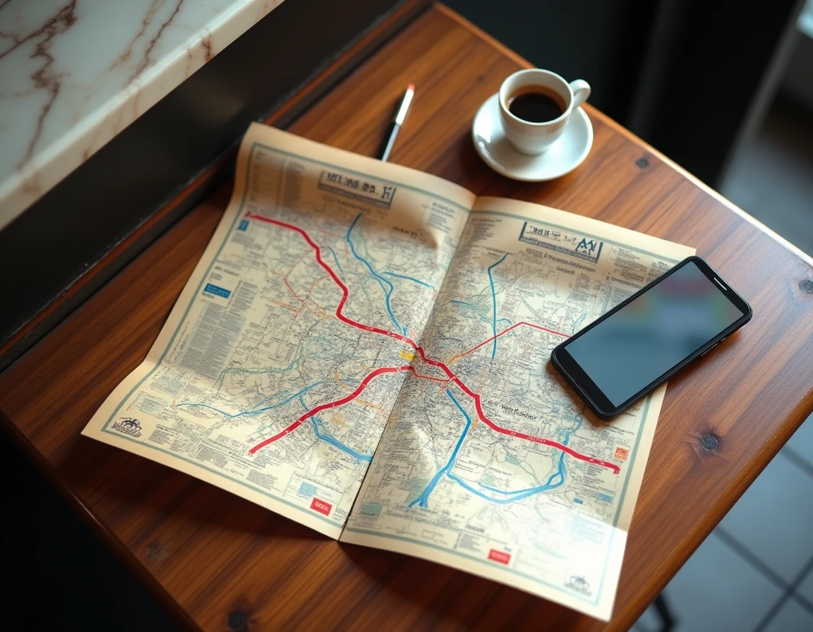 Plan du métro parisien ligne 14 prolongée déplié sur une table de café à Paris avec itinéraire tracé