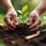 Mains plantant un jeune jasmin dans la terre riche